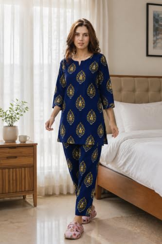 Image of Women's Cotton Night Suit Set, Printed Top and Pyjama, Casual Loungewear Sleepwear for Womens Girls