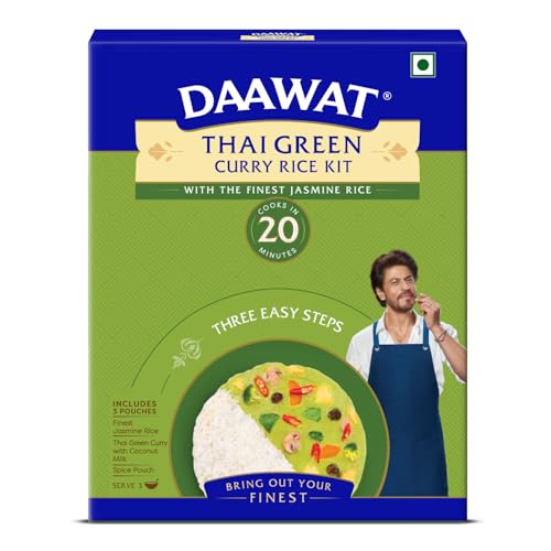 Image of Daawat Thai Green Curry Rice Kit | Ready-to-Cook Meal with Thai Jasmine Rice, Authentic Green Curry Sauce made with Coconut Milk & Spices | Cook in 3 Easy Steps | Serves 3 | Ready in 20 Minutes | 401g