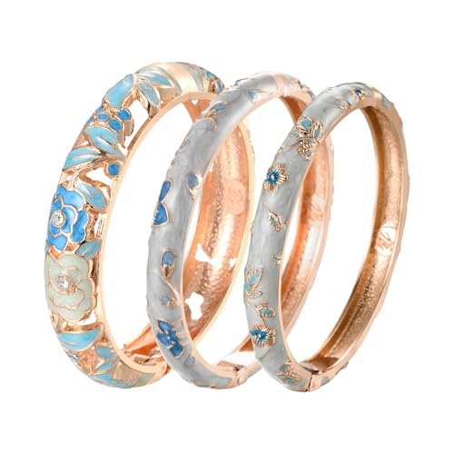 UJOY Fashion Cloisonne Bangle Jewelry Hollowed Rose Handmade Enamel Gifts Cuff Open Bracelet Bangles for Women Gilrs 88A10 3pcs Light Blue