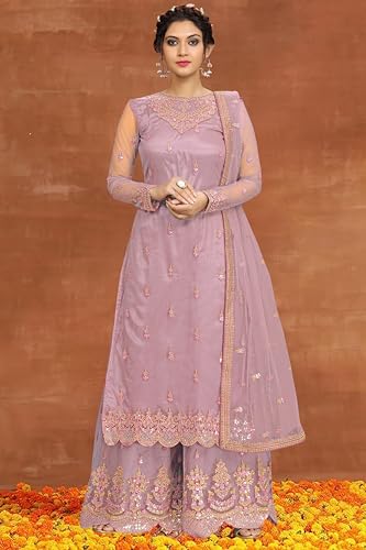 Image of TRENDMALLS Women's Net Embroidery Salwar Suit Kurta Sharara Set with Dupatta Skyblue
