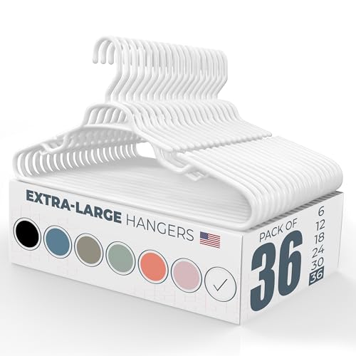Neaties Large & Wide Heavy Duty Clothes Hangers 36 Pack – Made in USA – Ideal for Plus Size Clothing – 10lb Plastic Hangers with Notches for Oversized Adult Coats & Pants – White