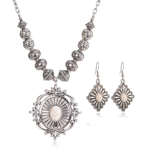 Rustic Couture's Western Jewelry Set for Women Cowgirl Turquoise Vintage Western Bohemian Turquoise Pendant Necklace Earring WJ-1014WT