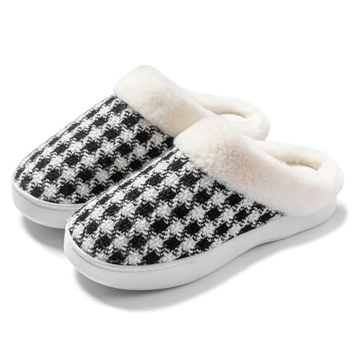 Image of UBFEN Womens Mens Slippers Memory Foam Comfort Fuzzy Plush Lining Slip On House Shoes Indoor Outdoor Black