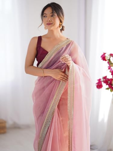 Image of AKHILAM Women's Shimmer Net Solid Saree With Unstitched Blouse Piece