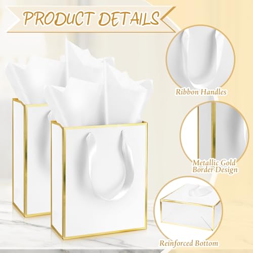 Image of Yeaqee 24 Pack Metallic Paper Gift Bag with Tissue, White Gold | with Satin Ribbon Handle and Tissue, 9x7x3.1 Inch, Suit Business, Birthday, Christmas, Thank You Return Gifts Bags