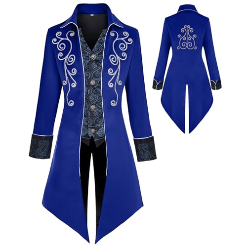 KDAFJLKD Medieval Clothing Men's Costumes Steampunk Jacket, Victorian Gothic Tailcoat, Halloween Pirate Vampire Costumes (Blue, XX-Large)