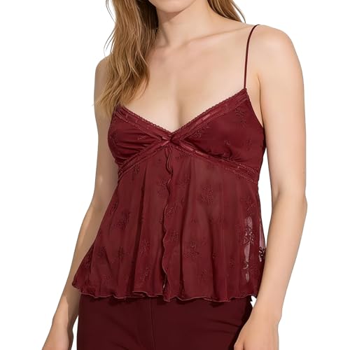 Women Floral Mesh Tank Tops V Neck Sheer Split Front Strappy Going Out Top Camisole Y2k Backless Crop Cami Shirts (Burgundy, M)