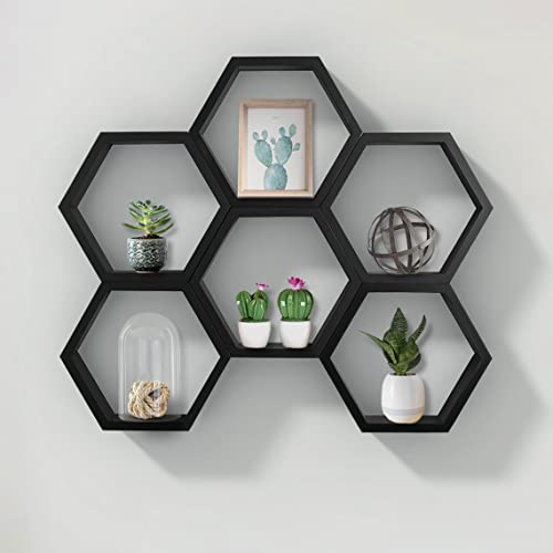 Thoughtful Gifts Hexagon Floating Shelves Set Of 6, Honeycomb Shelves, Wall Mounted, Display Shelf, High Gloss Shelves, Room Decor Black, Modern Shelves For Bedroom, Living Room Office And More #TOP2