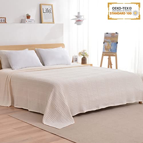 Chavish Cotton Waffle Blanket Queen Size, Luxury Soft Breathable Waffle Wave Blanket Skin Friendly, Lightweight Waffle Knit Blanket For Bed Cream 90"X98" #TOP2