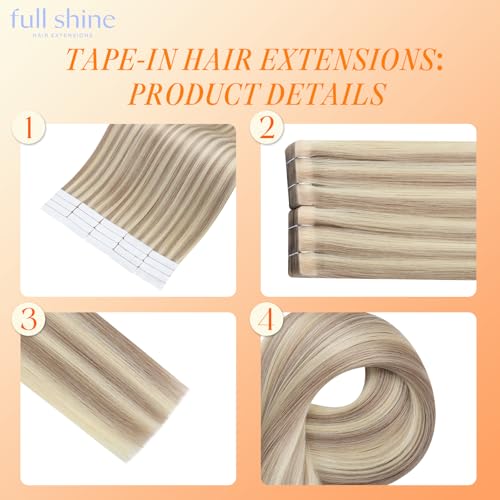 Image of Full Shine Invisible Injection Tape in Hair Extensions Color 18 Ash Blonde and 613 Blonde 20 Inch Seamless Skin Weft Injected Tape ins Extensions Human Hair 50 Grams 20 Pcs for Women Party