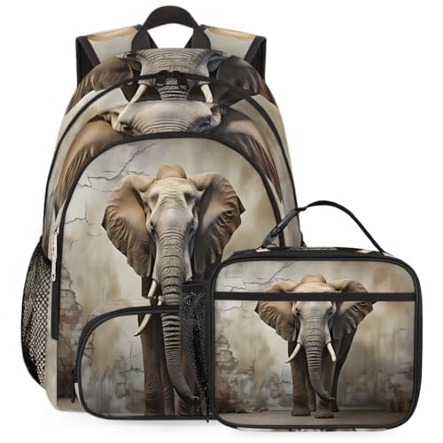 TropicalLife Grey Elephant Backpack with Lunch Box Set, Back Pack and Lunch Bag Grey Elephant Waterproof Casual Daypack Bag for Work Travel