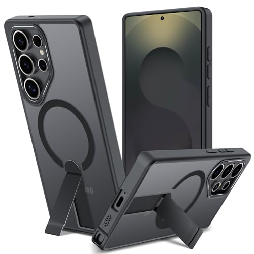 Funda para Samsung Galaxy S25 Ultra con Soporte Compatible MagSafe, Magnética Carcasa Samsung S25 Ultra Soporte Protección Militar Fina Antigolpes Case Translúcida Mate Trasera, Negro