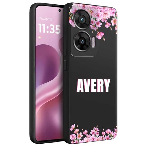 Image of Fashionury Back Cover Case for Motorola G96 5G / Motorola Edge 50 Fusion /Motorola G85 5G | Matte Soft Silicon Flexible | Camera Bump Protection | Name with Pink Flowers Design| Get Your Name (Black)