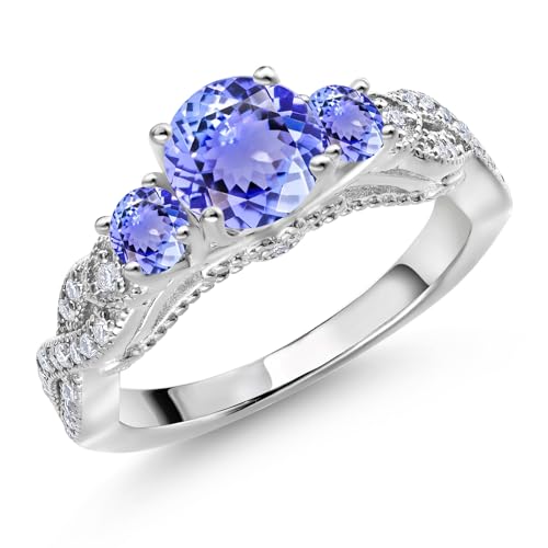 Gem Stone King 1.47 Cttw Blue Tanzanite and White Moissanite Engagement Ring For Women | 925 Sterling Silver | Gemstone December Birthstone | Round 6MM and 3MM