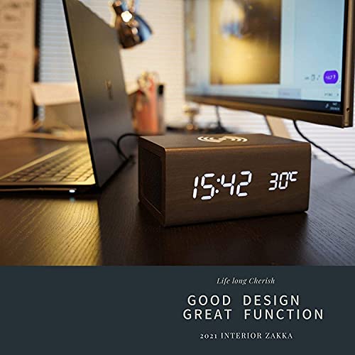 WOOD SHOW 置時計 めざまし時計 スピーカー付き 温度計 充電時計 スマホワイヤレス機能 デジタル 木目調 おしゃれ インデリア 雑貨 多機能 置き時計 3 in one プレゼント メーカー保証 技適認証済み (かっこいい黒) [4]