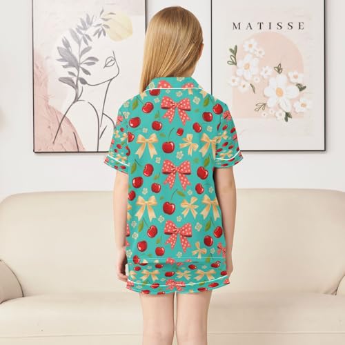 Satin Pajama Sets Short Sleeve Cherry Bow Pattern on Turquoise Button Down Silky Nightwear 2 Piece PJS 5-14Y4