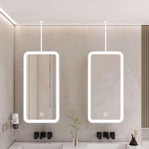 Lonmrrton Badezimmerspiegel mit LED-Leuchten, rechteckiger Spiegel mit Deckenstange und weißem Metallrahmen, beleuchteter Schminkspiegel mit 3 Farbtemperaturen(40cmx60cm)