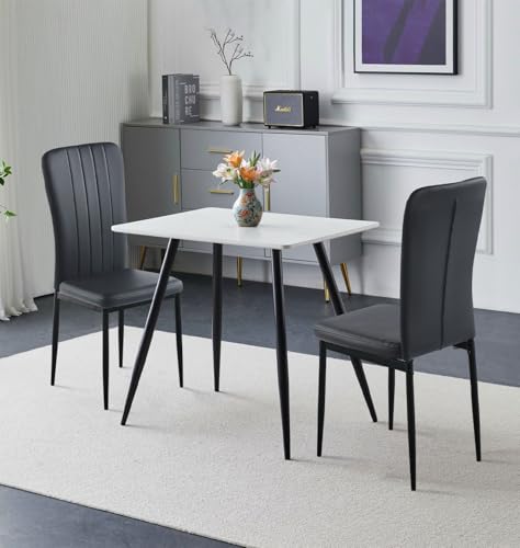 Hallowood Furniture Cullompton Small Dining Table and Chairs Set 2, (0.8m) White Marble Effect Kitchen Table and 2 Chairs Black Faux Leather Upholstery with Metal Legs, Dining Set for Home & Café