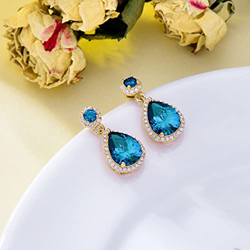 Toupop December Birthstone Stud Earrings For Women Girls Blue Topaz Teardrop Earrings 14K Gold Plated Sterling Silver Navy Blue Gemstone Earrings Jewelry Gifts For Mom Her #TOP3