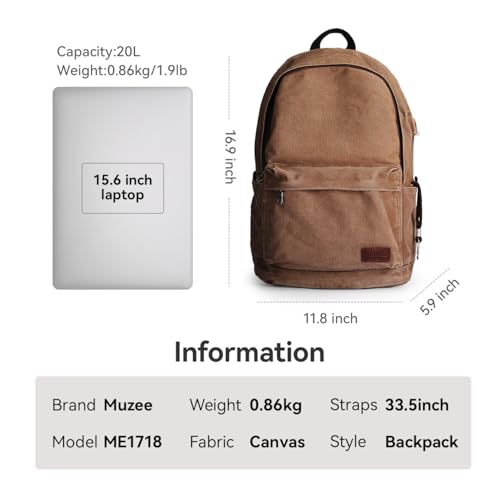 Image of Muzee Canvas Backpack for Men and Women with 15.6 inch Laptop Compartment