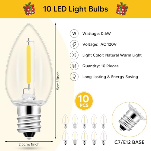 1Pack Accessory Cord with 10 LED Light Bulbs and Outlet - 17.7FT White Cord, Warm White C7 Lamp for Halloween and Christmas Village Accessories by AFOROEOA - Image 4