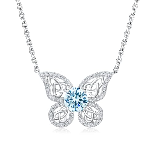 RANDES Aquamarine Necklace Butterfly Jewelry White Gold Plated Sterling Silver Light Blue Butterfly Celtic Kont Pendant March Birthstone Necklace