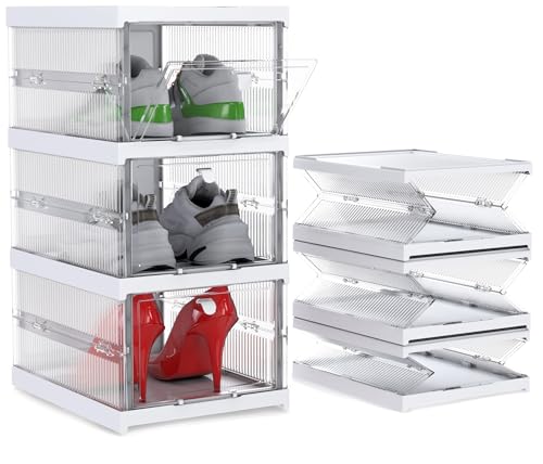 Utopia Home 3 Layers Foldable Shoe Organizer,Clear Plastic Stackable Shoe Organizer for Closet,Space Saving Shoe Storage Box,Foldable Shoe Storage Cabinet