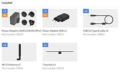 Image showing included accessories: Power Adapter, USB cable, Wi-Fi Antenna, T-bracket