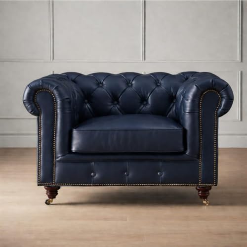 Image of UMAR ARTS Luxury Chesterfield Leatherate Sofa Set, Tufted Genuine Leatherate, Classic Living Room Furniture (1 Seater Blue)
