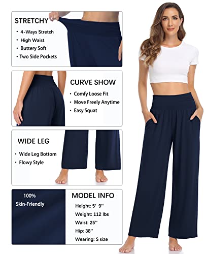 Tarse Womens Yoga Pants Wide Leg Comfy Loose Lounge Pajama Flowy Pants Pockets Casual Sweatpants (Navy,L) #TOP3