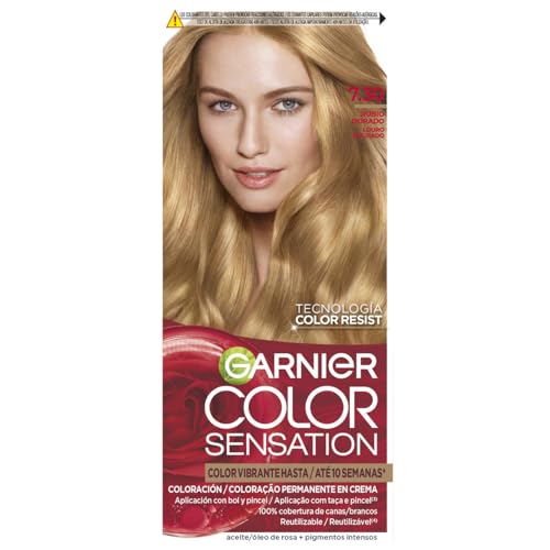 GARNIER - Pack 4 Color Sensation Tinte Permanente 7.3 Rubio Dorado, Color Intenso y Brillo Espejo, Cobertura 100% de Canas con Aceites Florales