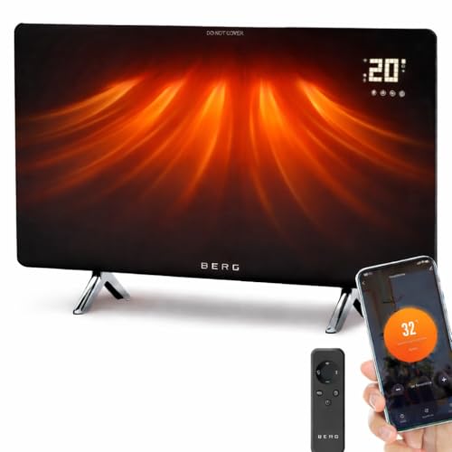 BERG Ultra-Slim Glass Infrared Panel Heater – Smart Electric Heater with Wi-Fi & Remote Control, 12mm Frameless Design, Wall Mounted or Free-Standing, Energy Efficient Room Heating (Black, 600W)