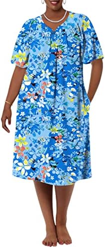 MAXMODA Muumuu Dresses for Women with Pockets Loose Floral House Dress Pleated Short Sleeve Sleepshirt V Neck Comfortable Sleepwear,Blue Floral XL