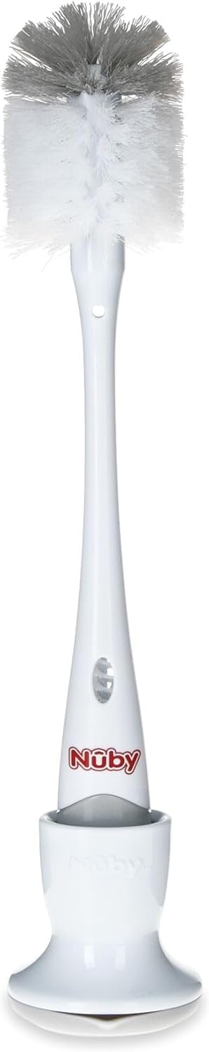 Nuby Bottle and Nipple Brush with Soft Bristles and Stand | 2 Pack: Blue & Grey | Bottle & Nipple Accessory Cleaning Brush with Drying Stand