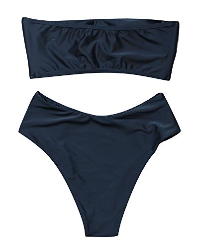 OMKAGI Women's 2 Pieces Bandeau Bikini Swimsuits Off Shoulder High Waist Bathing Suit High Cut(Medium,Black)