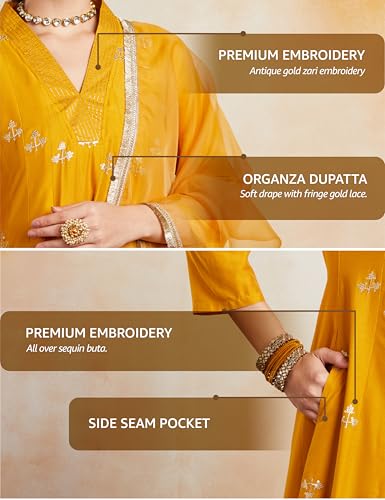 Image of Amazon Brand - Myx Women's Embroidered Kalidar Kurta Pant Set with Organza Dupatta (Available in Plus Sizes)