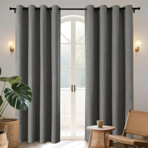 Joydeco 100% Blackout Lined Curtains W66 x L90 Inch Drop, Faux Linen Textured Thermal Insulated Eyelet Curtains with Coating Back Layer for Light Blocking Noise Reduction, Grey - 2 Panels
