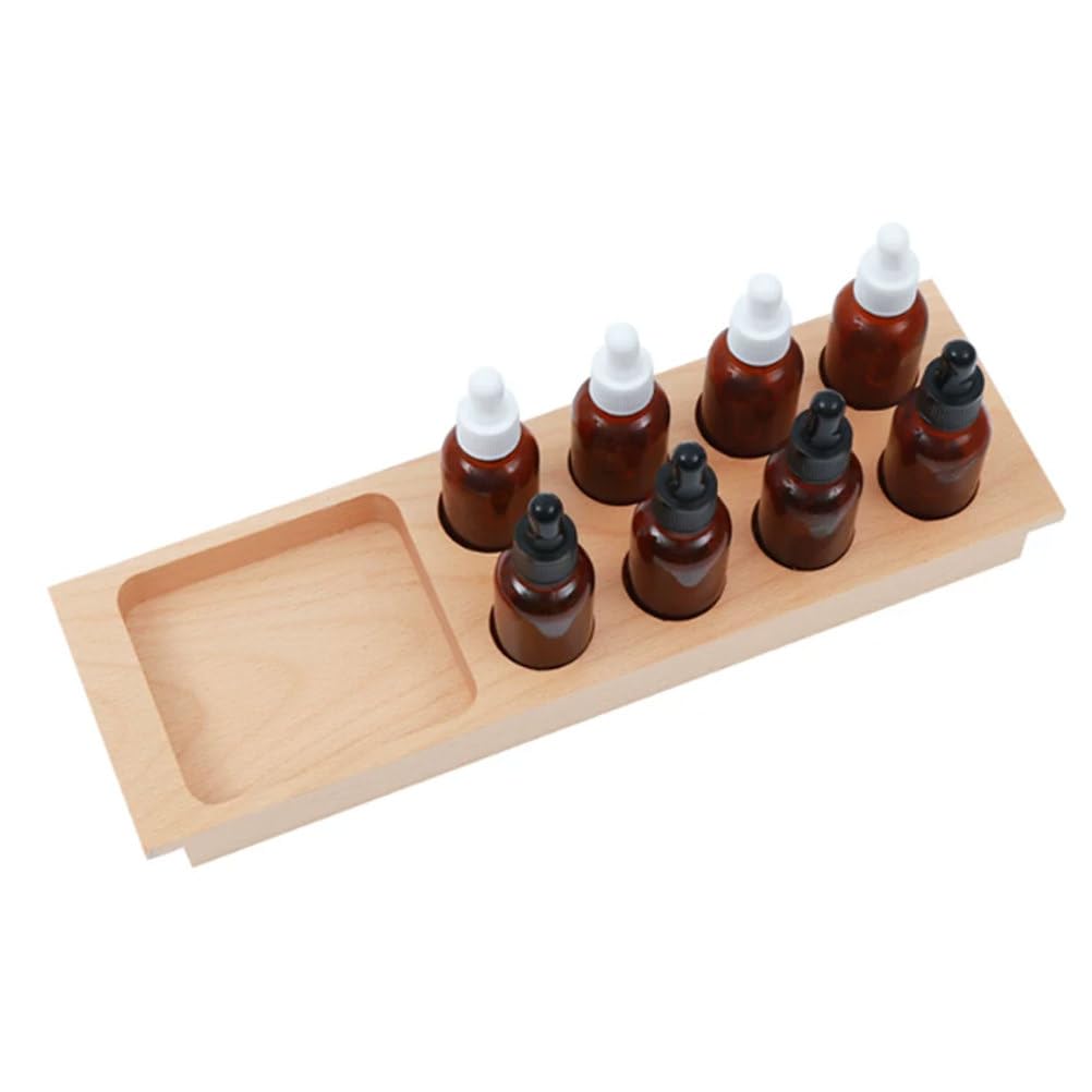 ttnmrc Montessori Tasting Bottles Set, Wooden Tray with 8 Amber Glass Dropper Bottles, Sensory Gustatory Educational Toy