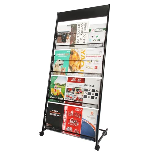 Umisu Magazine Rack Floor-Standing,4-Layer Brochure Holder Display Stand Tiered Design with Wheels,High-Hardness Metal Magazine Display Rack,Suitable for Exhibitions,Shopping Malls,Offices-Black