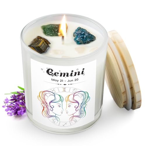 Gemini Gifts for Women, Zodiac Gemini Candle with Healing Crystals, Astrology Birthday Gifts for Women, Mom, Sister, Friends, Meditation, Yoga, Relaxation (7oz)