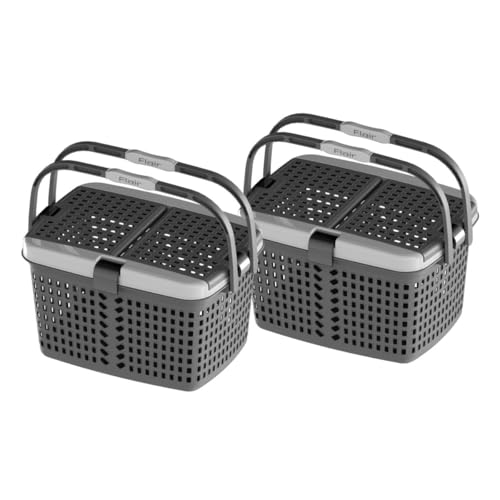 Image of FLAIR Dual Compartment Storage Basket Set of 2 - Sturdy Plastic Organizer with Handles & Lid | Plastic Multipurpose Trendy Shopping Big Basket | Ideal for Kitchen, Bathroom, Laundry & Toys (Grey)