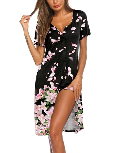 Image of Ekouaer Women's Nightshirt Short Sleeve Button Down Nightgown V-Neck Sleepwear Pajama Dress