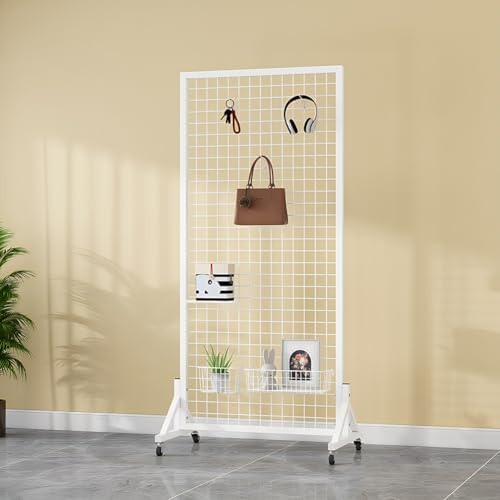 Mobile Gridwall Panel Display Stand - Metal Mesh Freestanding Rack with 4 Wheels & 20 Hooks - Perfect for Retail, Trade Shows, Art Exhibitions & Events