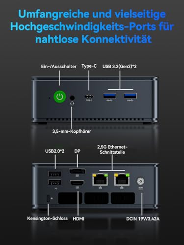 GMKtec AMD Mini PC Ryzen 7 7730U(Schlagen Sie Ryzen 7 5825U) (8 C/16 T4,50 GHz), W-11 Pro 16 GB RAM+512G PCIe-SSD, Dual NIC LAN 2.5GbE, M5 Ultra Mini Computer, WiFi 6E, USB-C, BT 5.2, DP, HDMI 2.0 – Ansicht 5