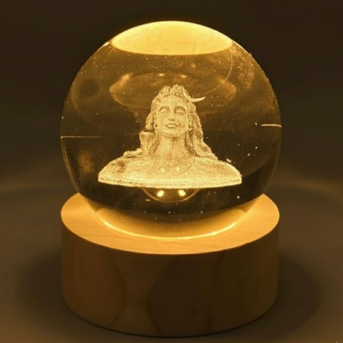 Image of 3D Adiyogi Crystal Ball LED Night Lamp, Lord Shiva Design with Wooden Base, Spiritual Table Lamp for Home Temple, Gift for Devotees (Adiyogi)