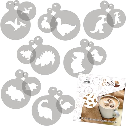 NAKLEO Coffee Stencils and Cookies Decoration 14Pcs 2.8â€x2.8â€ and 4.3â€x4.3â€, Reusable Plastic Baking Templates, Dinosaurs Dino, Barista DIY Art Craft, Capuccino Latte Chocolate Cake Biscuit Kitchen