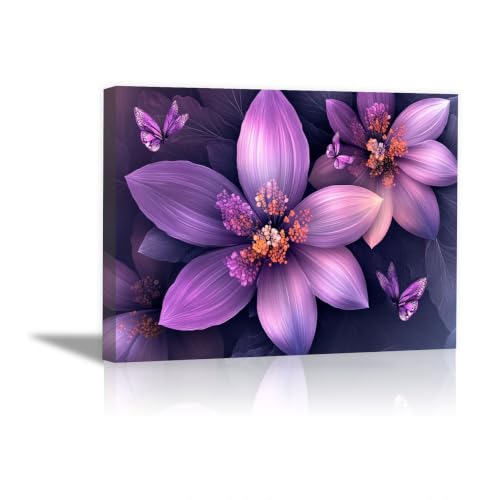 Impression sur fleur violette tableau papillon encadré 60x90cm