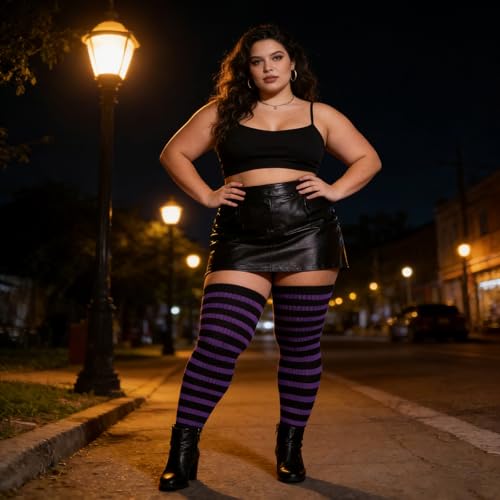 Image of DRESHOW Plus Size Thigh High Socks Striped Over Knee Long Boot Stockings Knee High Tube Socks Leg Warmers for Women