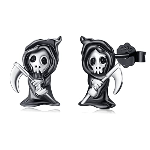 Pendientes de plata de ley 925 Reaper para hombre y pequeños aretes de esqueleto góticos