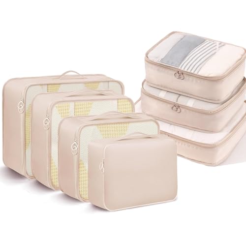 Packing Cubes Travel Organizer Cubes, 7 Set Packing Bags for Travel, Luggage Organiser Clothing Sorting Bags for Suitcases,Travel Pouches Accessories Organizers (Beige)